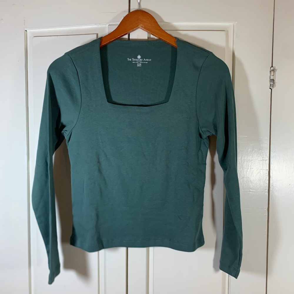 The Territory Ahead Womens Teal Green Square Neck Ribbed Cotton Top MP Portugal